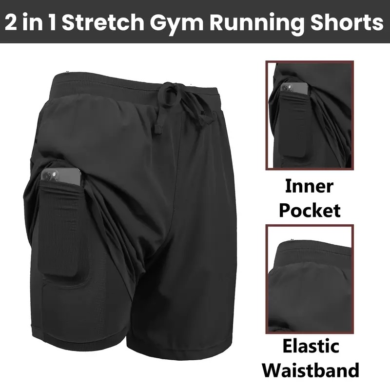 3-Pack Men's 2 in 1 Stretch Active Quick Dry Gym Running Shorts With Liner